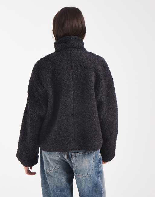 Object premium funnel neck wool blend short borg coat in dark grey, 4 of 4
