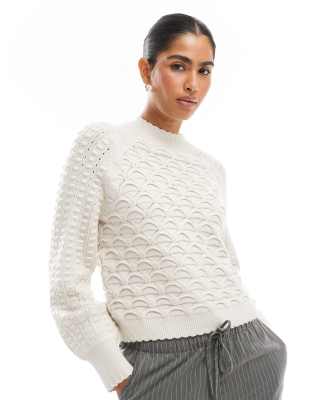 premium honeycomb knit sweater in cream-White