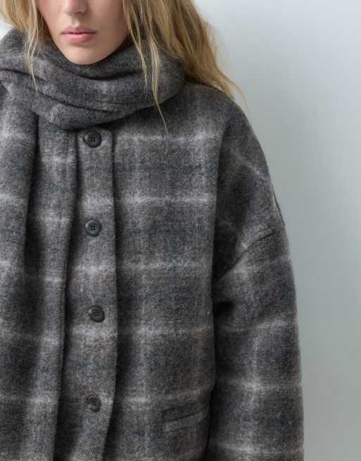 Object premium korte jas van wolmix met afneembare sjaal in bruin en grijs geruit, 3 van 4