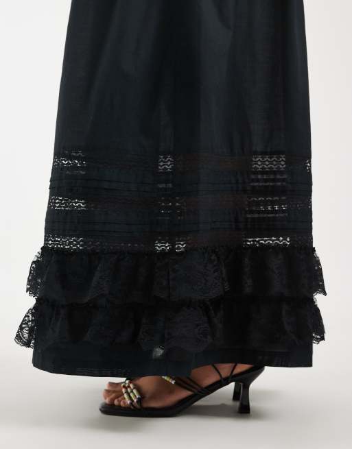 Object premium lace and ruffle trim tiered boho maxi dress in black, 2 of 4