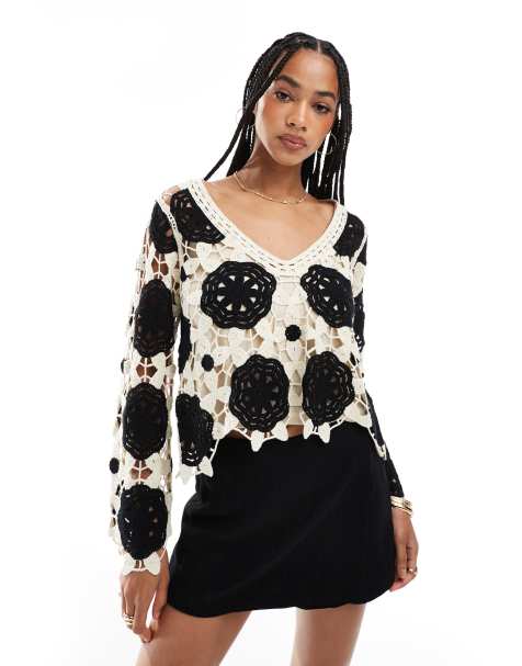 Object premium long sleeve crochet top in black and white - view 1