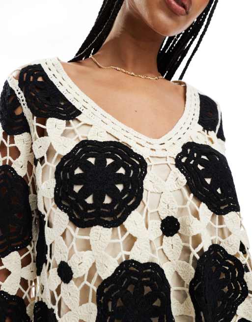 Object premium long sleeve crochet top in black and white, 2 of 4