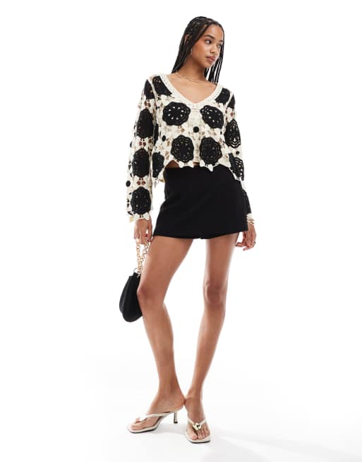 Object premium long sleeve crochet top in black and white, 3 of 4