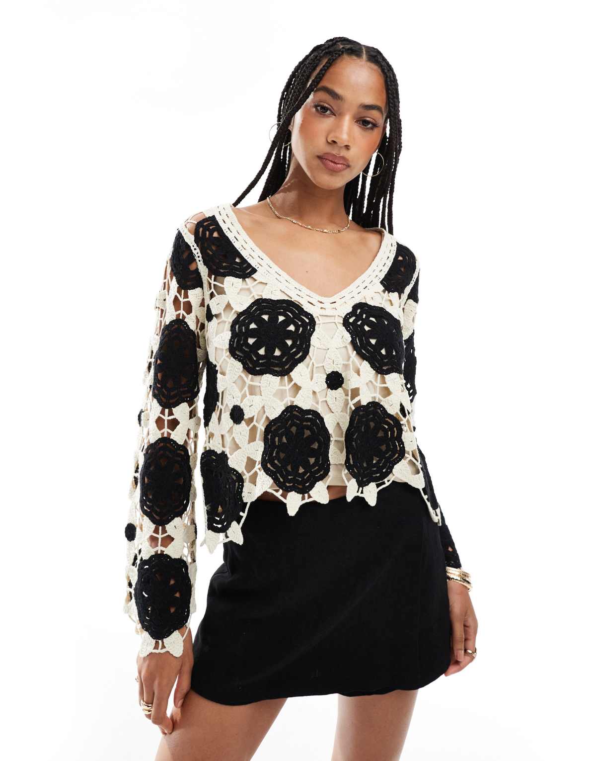 Object premium long sleeve crochet top in monochrome