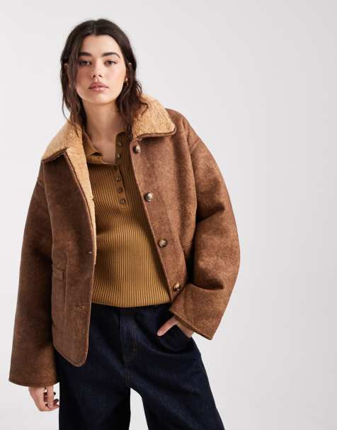 Object premium reversible soft cosy borg jacket in light brown - view 1