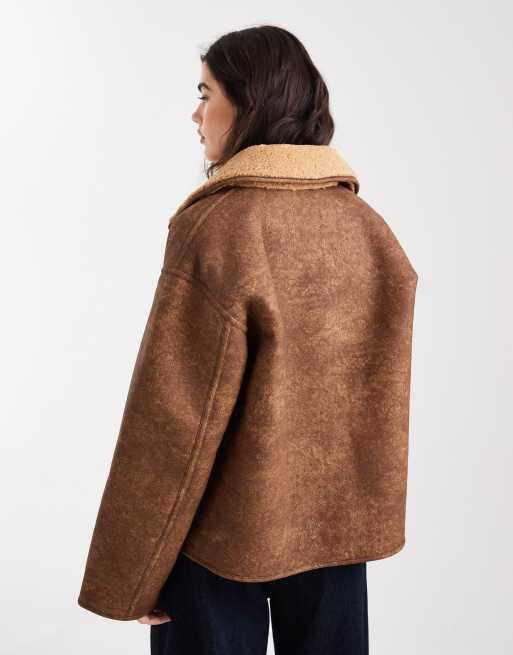 Object premium reversible soft cosy borg jacket in light brown, 4 of 4