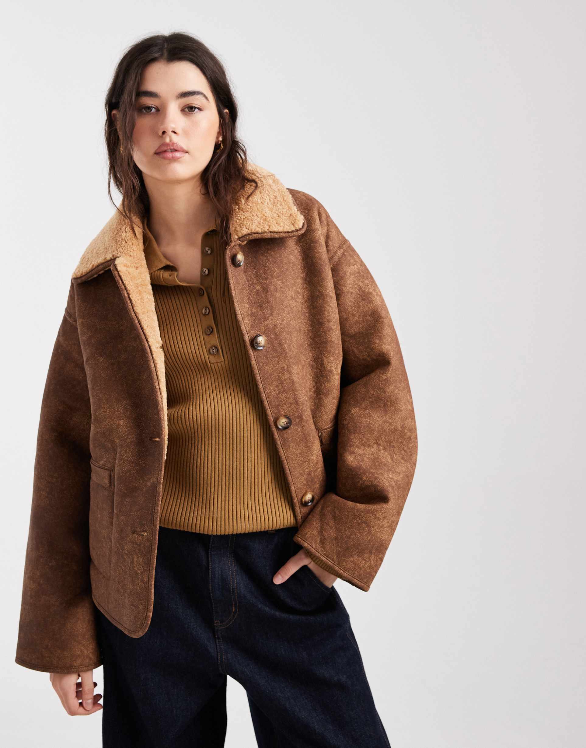 object premium reversible soft cozy borg jacket in light brown