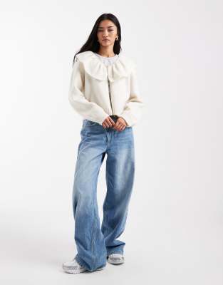 Object Premium Ruffle And Faux Pearl Button Detail Cardigan In White