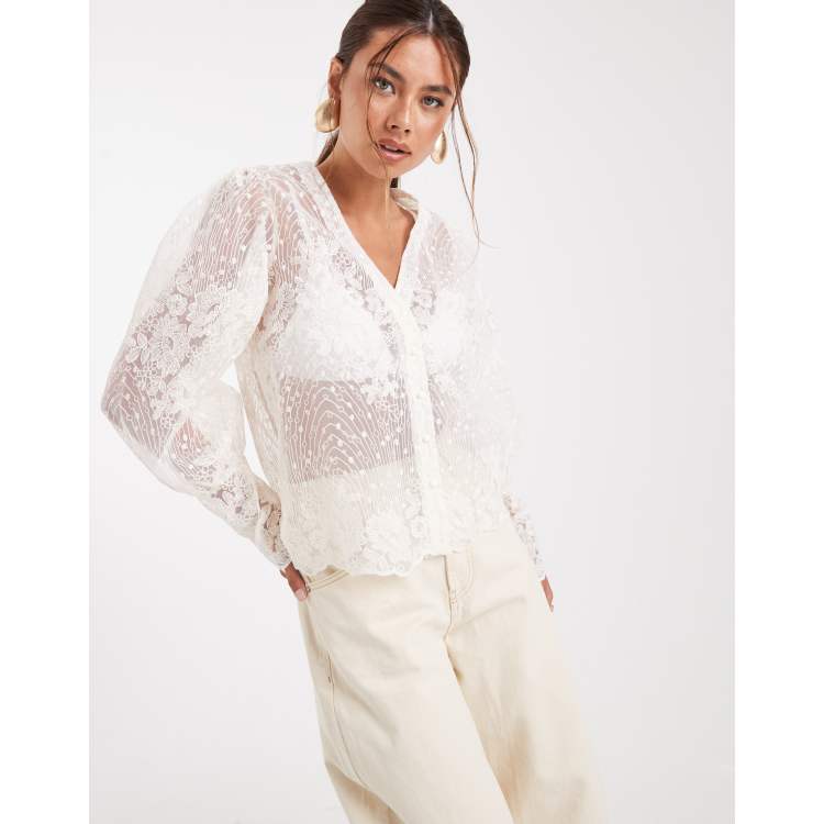 SNIDEL - acka sheer over flare blouse（ivory） Sheer See Through, Ivory Organza Silk Wedding Dress