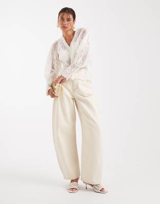 Object Premium Sheer Corded Lace Button Front Blouse In White