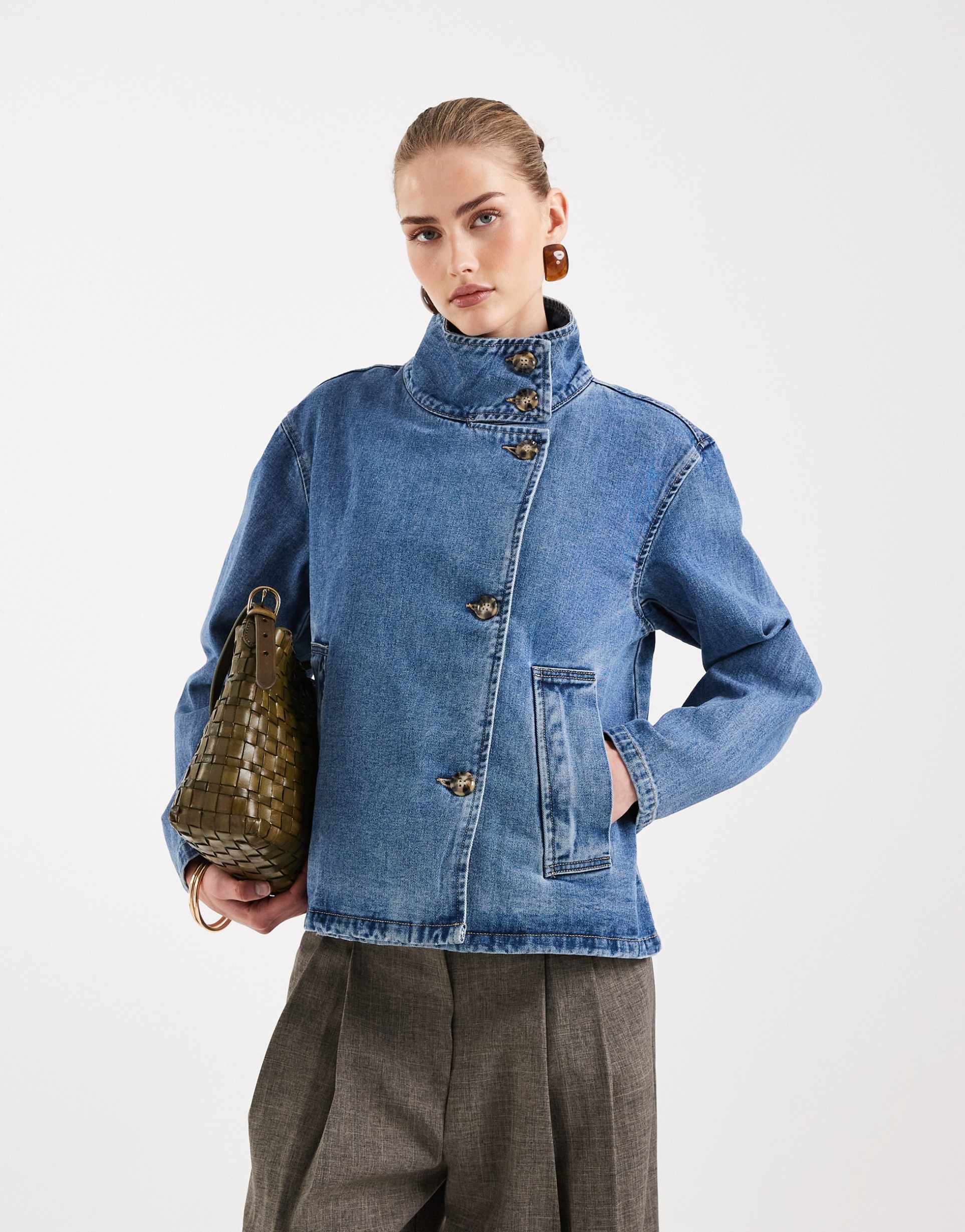 object premium soft button front short jacket in mid blue denim