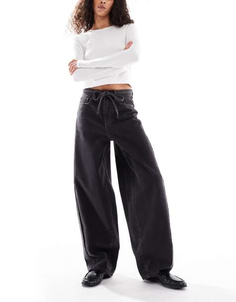 Object premium super barrel leg jeans with tie waist in black