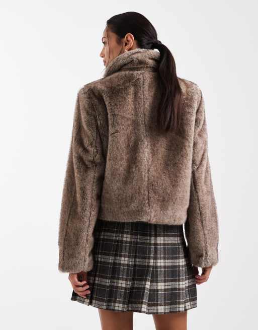 Object premium super soft faux fur cropped jacket in light brown, 3 of 4
