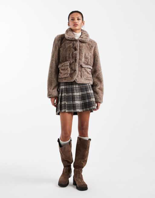 Object premium super soft faux fur cropped jacket in light brown, 4 of 4