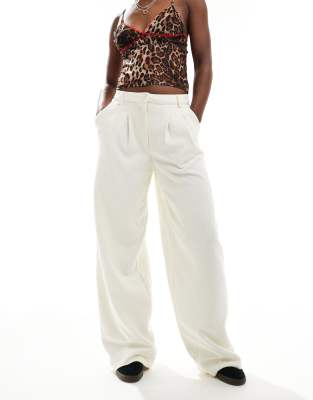 premium textured wide leg pants in cream-White