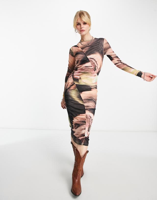 Object - printed mesh midi dress in multi