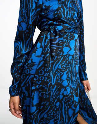 Object printed midi dress with wrap detail in blue and black