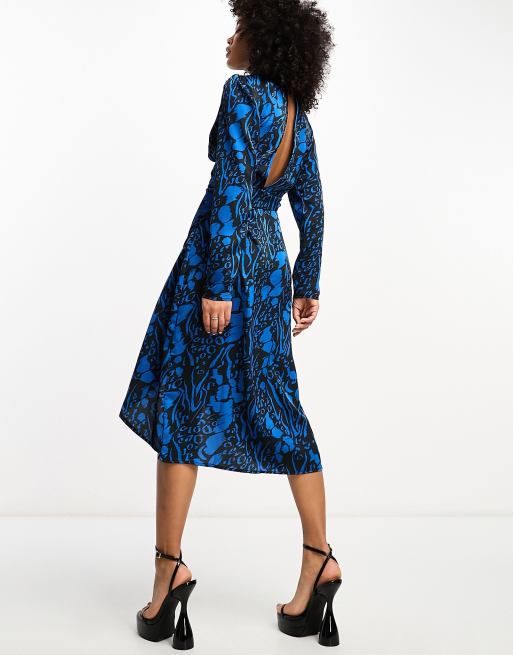 Object printed midi dress with wrap detail in blue and black