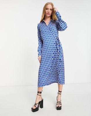 Object printed satin wrap dress co-ord in blue