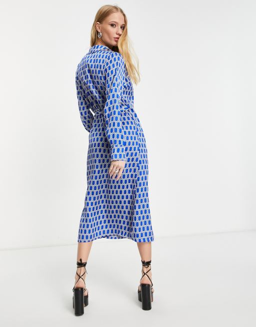 Object printed satin wrap dress in blue (part of a set), 3 of 4