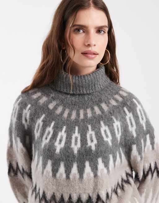 Object pull col roulé en maille jacquard Fair Isle gris multicolore, 1 de 4