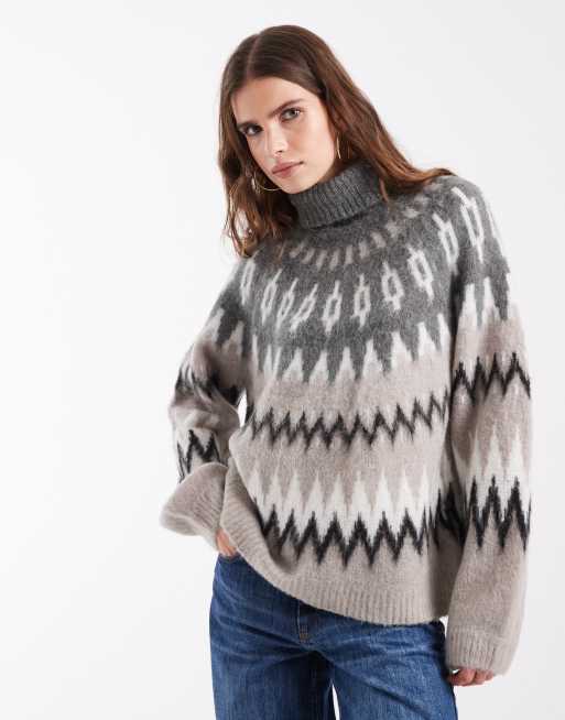 Object pull col roulé en maille jacquard Fair Isle gris multicolore, 2 de 4