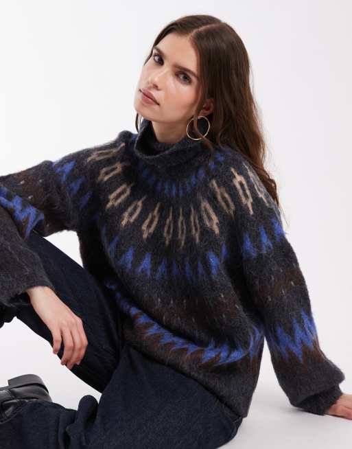 Object pull en maille à col roulé Fair Isle bleu multicolore, 1 de 4