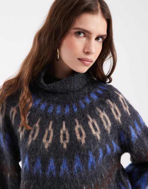 Object pull en maille à col roulé Fair Isle bleu multicolore, 2 de 4