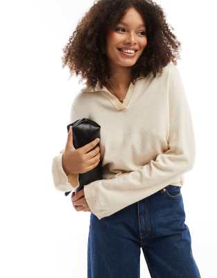 Pull en maille avec col en V style polo - Crème chiné-Blanc 42-44