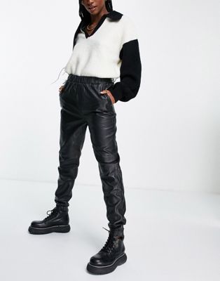 Object pull on real leather trousers in black
