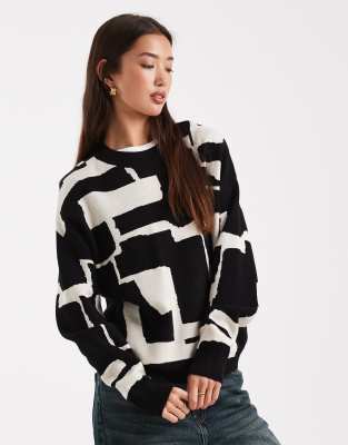Object - Pullover in Schwarz-Weiß mit Animal-Print und Rundhalsausschnitt