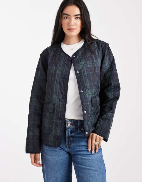 Object quilted check jacket in dark green and navy - view 1