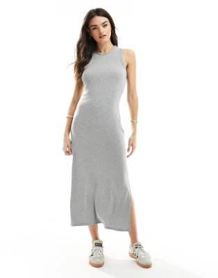 Object Racer Neck Jersey Maxi Dress In Light Gray Melange