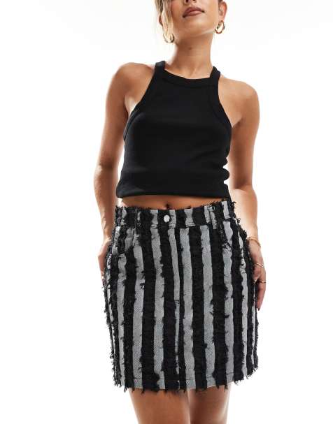 Object raw denim stripe mini skirt in washed black - view 1