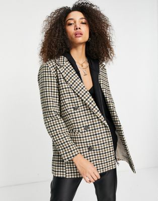 Object double breasted blazer in brown check - BROWN