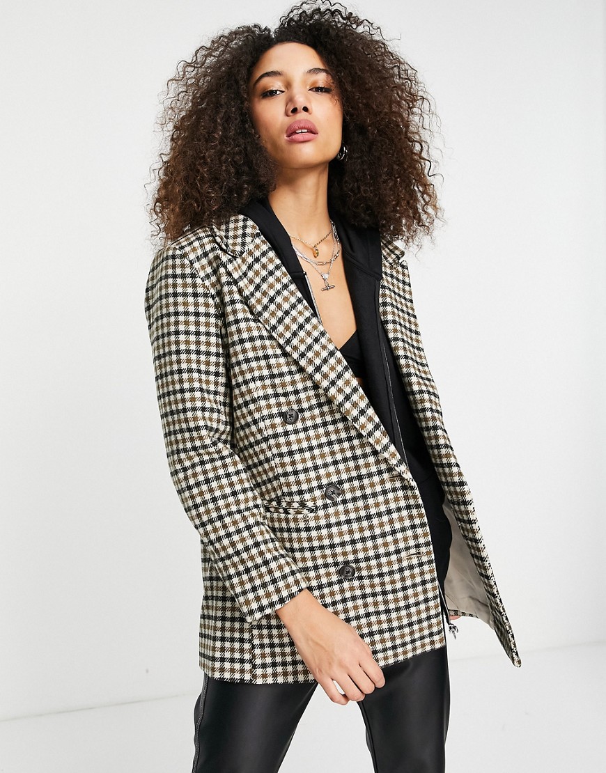 Object recycled blend double breasted blazer in brown check