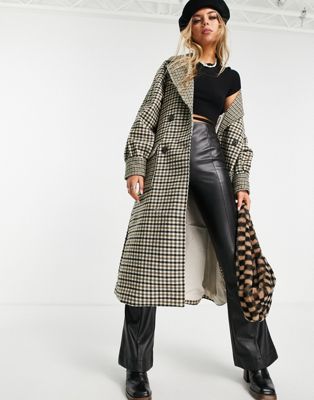 Object double breasted midi coat in brown check - BROWN