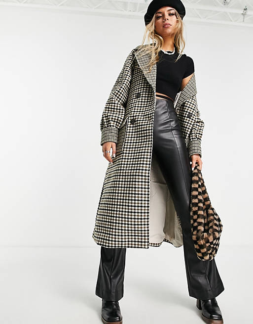 Coats & Jackets Object recycled blend double breasted midi coat in brown check 