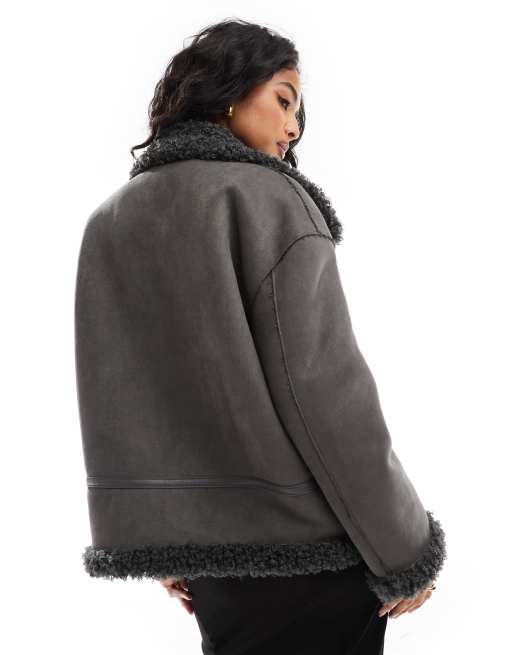 Object reversible faux suede and shearling aviator jacket in dark gray