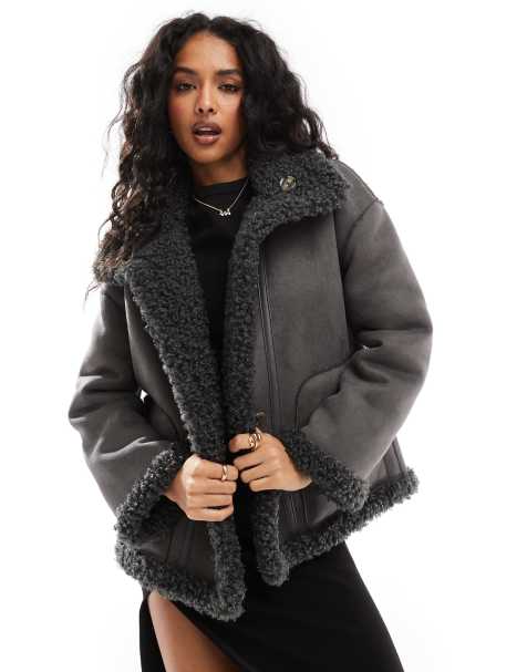 Object reversible faux suede and shearling aviator jacket in dark grey - view 1