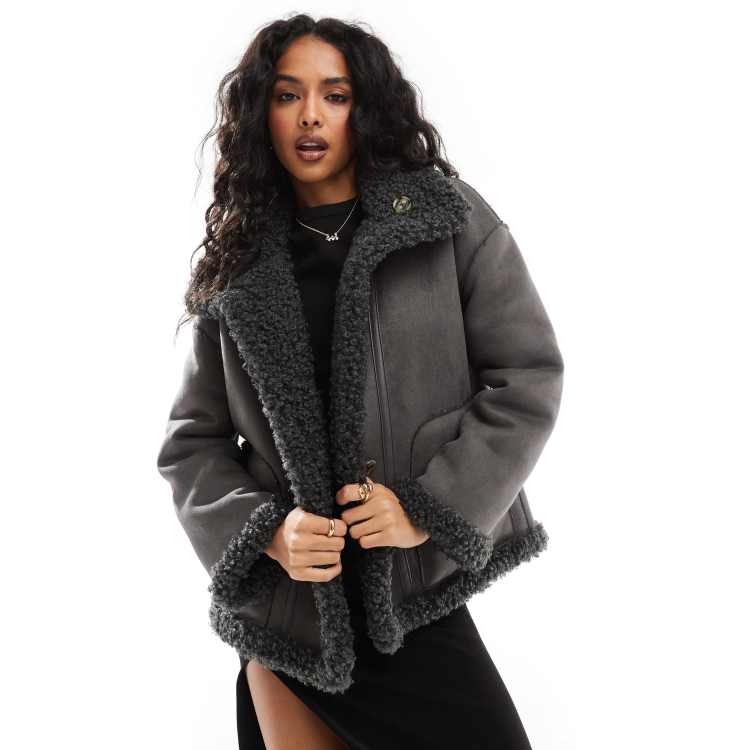 Object reversible faux suede and shearling aviator jacket in dark