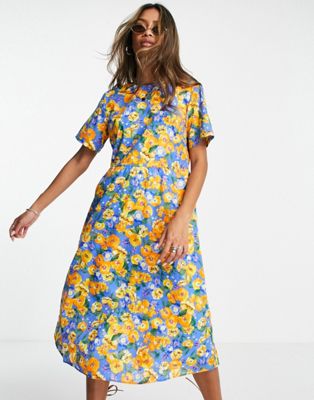 Object reversible floral midi dress in blue