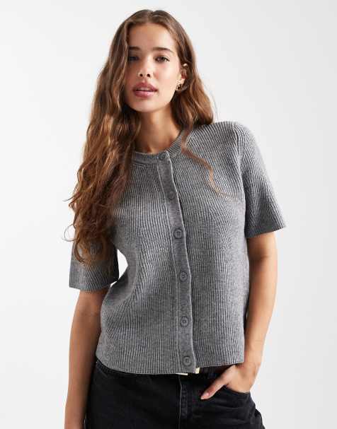 Object rib knit short sleeve boxy button front cardigan in grey melange - view 1