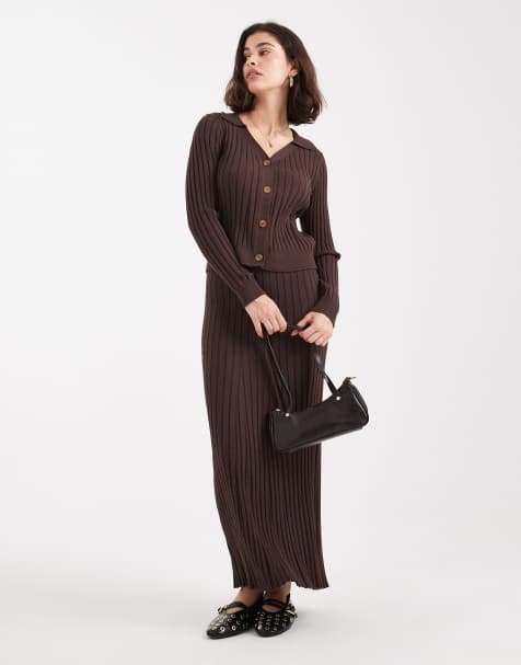 Object rib knitted button front polo and maxi skirt set in chocolate brown - view 1