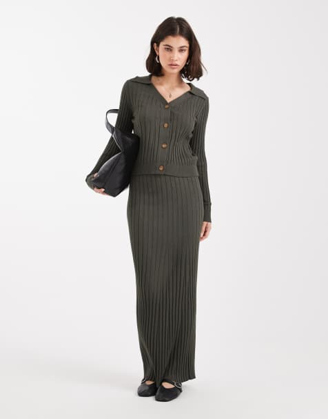 Object rib knitted button front polo and maxi skirt set in deep khaki green - view 1