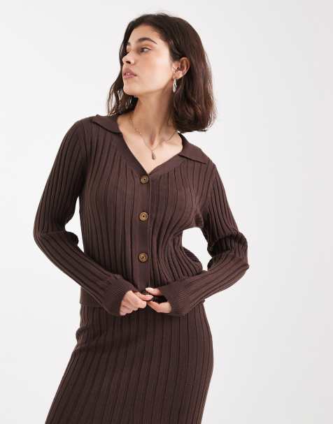 Object rib knitted button front polo co-ord in chocolate brown - view 1