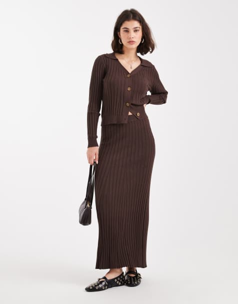 Object rib knitted maxi skirt co-ord in chocolate brown - view 1
