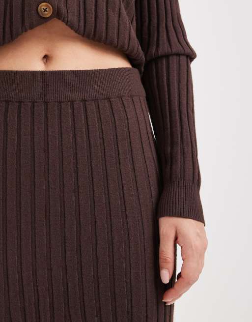 Object rib knitted maxi skirt co-ord in chocolate brown, 4 of 5