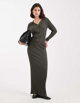 Object Object rib knitted maxi skirt co-ord in deep khaki green