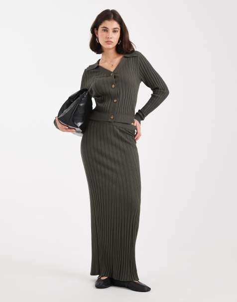 Object rib knitted maxi skirt co-ord in deep khaki green - view 1